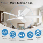42 Inch White Ceiling Fans with Lights and Remote, Flush Mount Low Profile Ceiling Fan for Bedroom, Living Room, Patio, Dimmable 6 Speeds Noiseless Reversible, ETL Listed