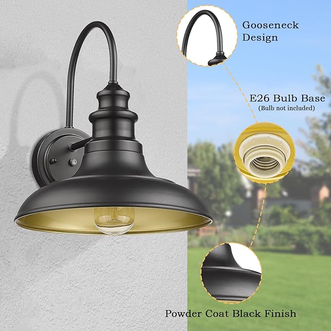 Dusk to Dawn Sensor Outdoor Barn Light Fixture, 12.3 Inch Dome Outdoor Wall Sconce Farmhouse Wall Mount Lights Exterior Gooseneck Light Fixture Black Finish Industrial Wall Lantern for Porch, 1Pack