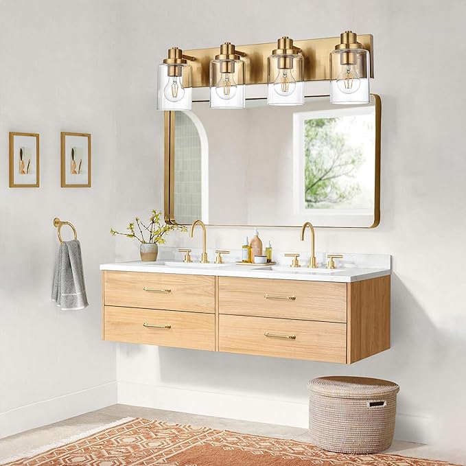4 Light Bathroom Vanity Lights Brushed Brass Bathroom Lighting Fixtures over Mirror with Clear Glass Shade, Vintage Gold Vanity Light For Bathoom, Modern Bathroom Wall Vanity Lighting Fixtures