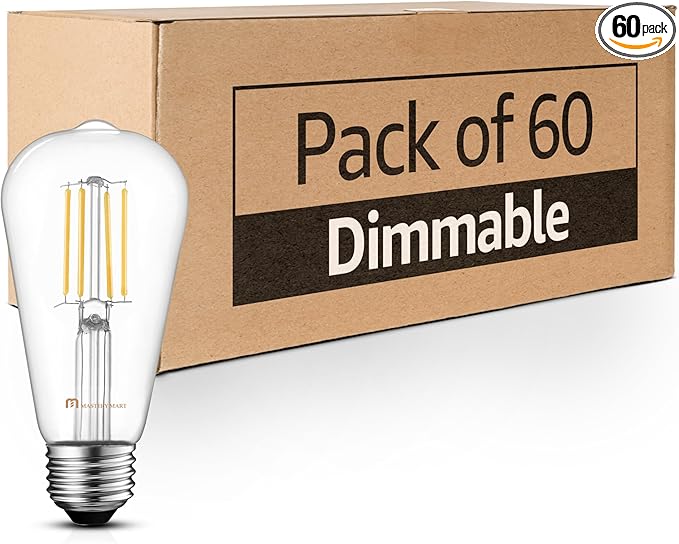 MASTERY MART 60 Pack Vintage LED Edison Bulbs, E26 Led Bulb 5.5W Equivalent to 60W, Dimmable, 5000K Daylight White, High Brightness ST58 Antique LED Filament Bulbs, Clear Glass