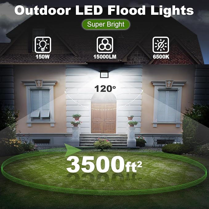 2 Pack 150W LED Flood Light Outdoor,15000LM Work Spotlight with US Plug,6500K Daylight White,IP66 Waterproof Exterior Security Floodlights for Yard,Garden,Backyard,Patio,Stadium,Parking Lot