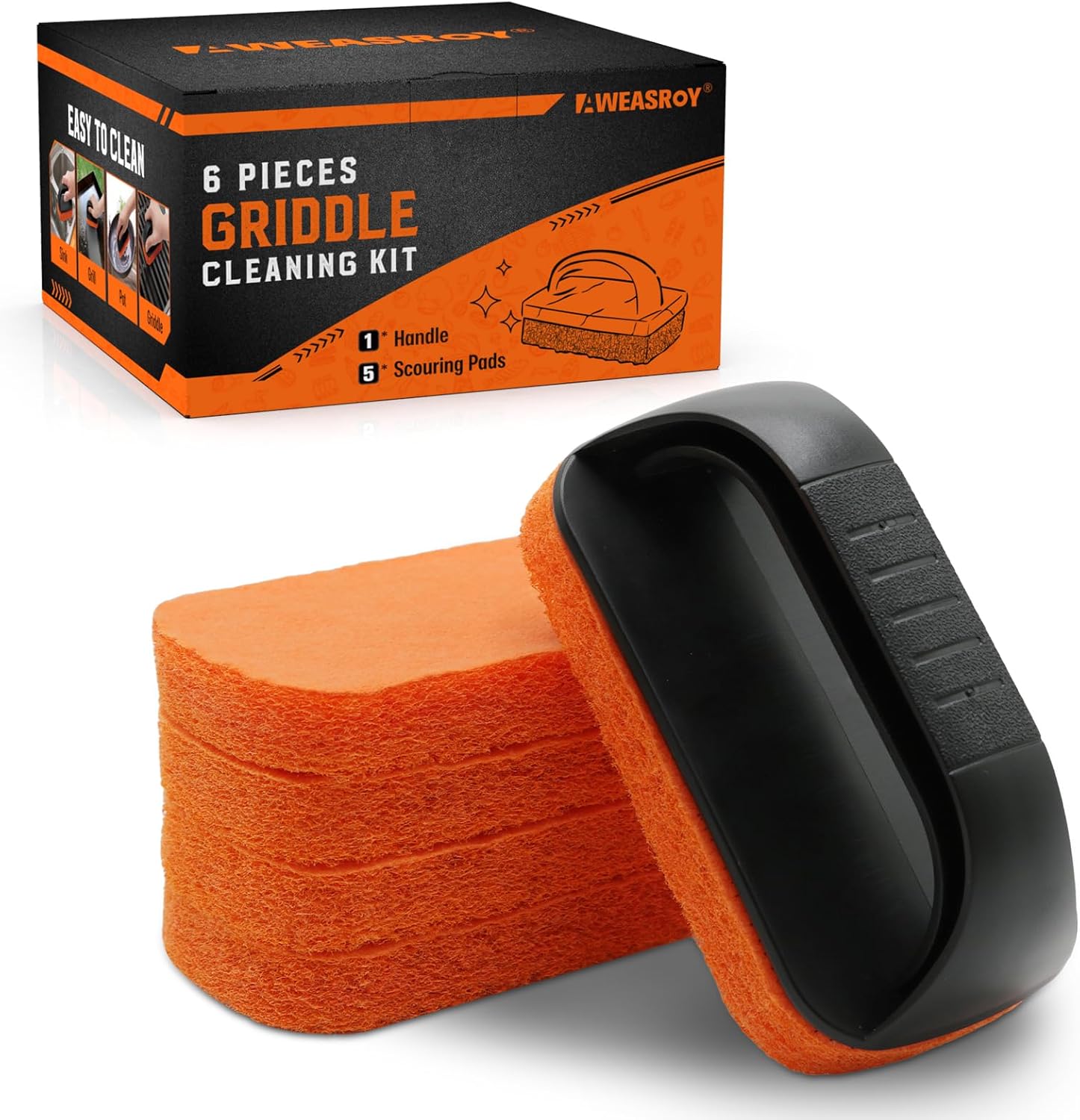 6-Piece Griddle Cleaning Kit for Blackstone, Flat Top Grill Cleaning Kit Non-Scratch Scouring Pads for Kitchen - 5 Scrubber Pads and 1 Handle