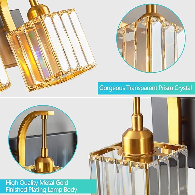 Crystal Vanity Lights 3-Light Black Gold Bathroom Vanity Lights Modern Crystal Bathroom Light Fixtures Over Mirror 23.62" Long Vanity Light for Bathroom