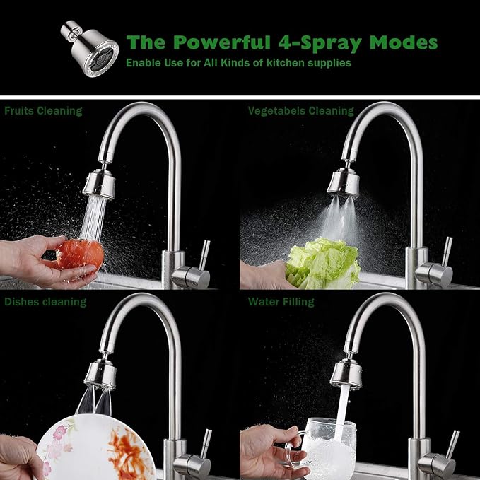 Houtingmaan Kitchen Sink Faucet Aerator with 2 Ball Joint, Big Angle Swivel Sprayer Head Replacement with 4 Spray Models, 55/64-27UNS Famale Thread - Brushed Nickel