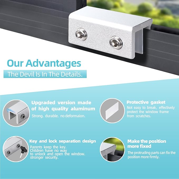 Window Locks 4 Sets Sliding Window Lock with Key for Vertical Horizontal Sliding Windows Doors Adjustable Aluminum Window Stop for Up and Down Home,Bedroom,Office(Silver Large)