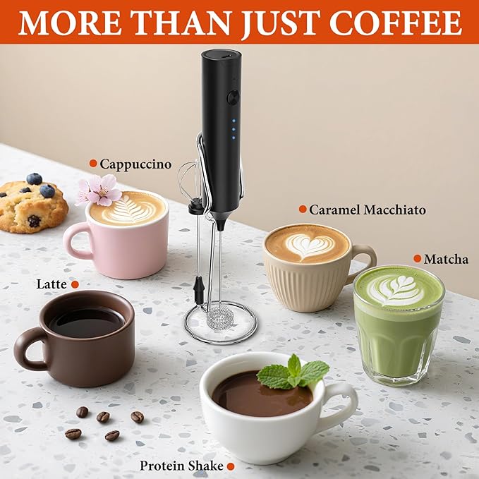 Milk Frother, Rechargeable & Handheld Frother Wand with stand, 3 Speed Adjustable Drink Mixer With 2 Stainless Whisks for Coffee, Matcha, Cappuccino, Egg, Electric Whisk Foam Maker (Black)