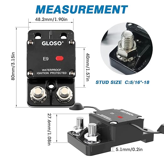 GLOSO Circuit Breaker E9AL Auto Reset Type 1 Hi-Amp for Marine RV Automotive (Surface Mount, Side by Side+LED, 80A)