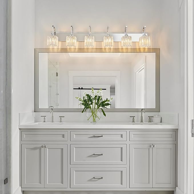 Crystal Vanity Lights 6-Light Chrome Bathroom Vanity Lights Modern Crystal Bathroom Light Fixtures Over Mirror 51.18" Long Vanity Light for Bathroom