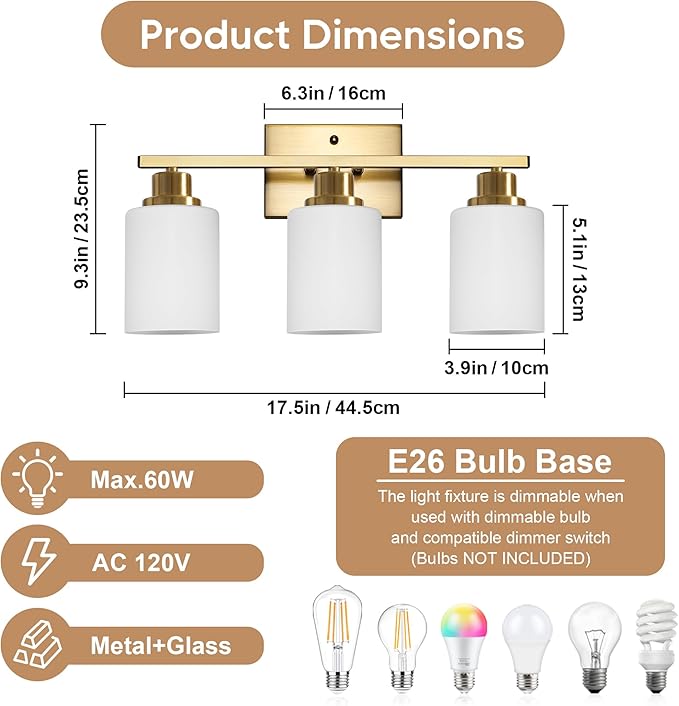 Ascher Bathroom Light Fixtures, 3-Light Vanity Light Over Mirror, Gold Wall Sconces with Milky White Frosted Glass Shades, Wall Lamp for Living Room Bedroom, E26 Base(Bulbs Not Included)