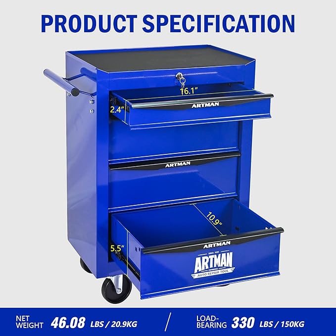 4 Drawers Rolling Tool Box on Wheels, Multifunctional Tool Chest Cabinet with Lock, Drawers Rolling Tool Cart Trolley Organizer Tool Storage Case for Warehouse,Garage,Workshop (Blue)