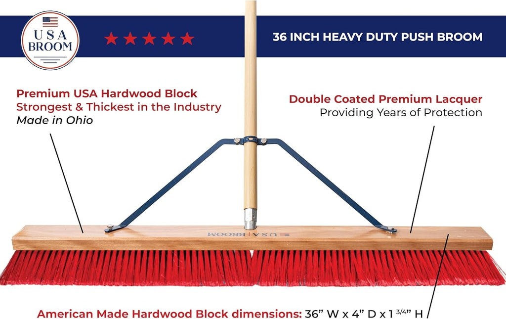 USA Broom 36" Everyday Sweep Indoor/Outdoor Push Broom with 60" Handle. Ideal for Garages & Shops. Durable American Made Steel Brackets-All Stainless Steel Hardware. No Plastic. 100% Made in The USA.