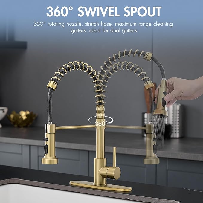 AIMADI Gold Kitchen Faucet with Pull Down Sprayer,Commercial Single Handle Brushed Gold Kitchen Sink Faucet with Deck Plate