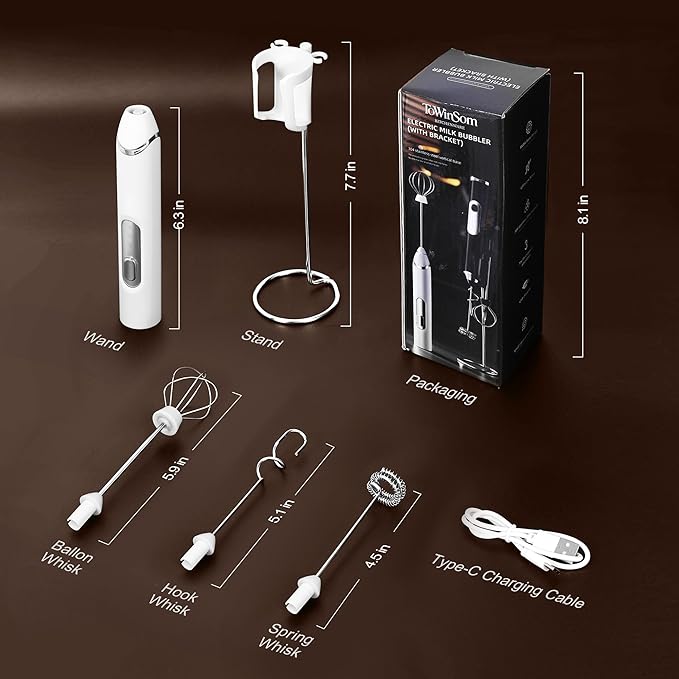 Milk Frother Handheld with Stand,Rechargeable Coffee Frother Wand with 3 Detachable Stainless Steel Whisk Heads, Hand Electric Mixer for Latte,Matcha,Cappuccino,Protein (White)