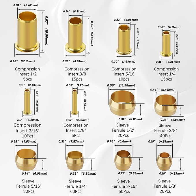 280PCS Compression Fittings Assortment kit - 6 Sizes (1/4", 3/8", 5/16", 1/2", 3/16",1/8") of Brass Compression Sleeve Ferrule & Insert, Connect for Air, Water, Fuel, Oil and Inert Gases