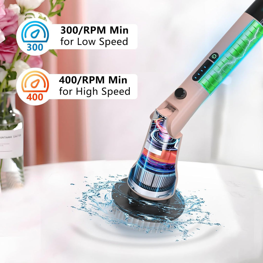 Electric Spin Scrubber, Hillyfe Power Shower Cleaning Brush with 7 Replaceable Brush Heads, IPX7 Waterproof, 2 Speeds (300/400 RPM) Electric Scrubber with Wall Mount Hook for Bathtub, Floor，Pink