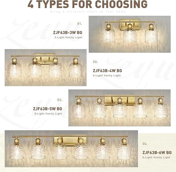zeyu 42.2'' Modern Bathroom Gold Light Fixture, 6 Light Bathroom Lighting Fixtures Over Mirror Bedroom, Brushed Gold Finish with Clear Hammered Glass, ZJF63B-6W BG