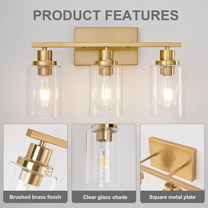 3 Light Bathroom Light Fixtures Brushed Brass Vanity Light Over Mirror Modern Farmhouse Wall Lighting Sconces Wall Lamp for Bathroom, Bedroom, Living Room E26 Socket with Glass Shade