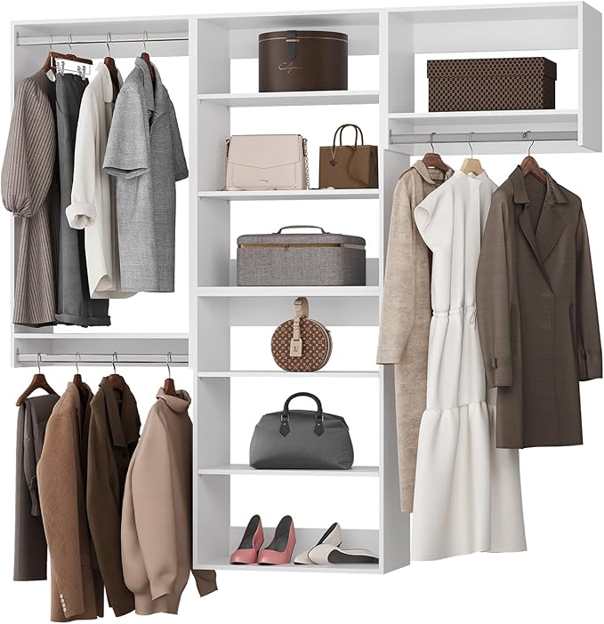 ROOMTEC Modular Closet System, 84" Wall-Mounted Closet Organizer with Hanging Rods, Modern Wooden Tower for Walk-In Closets, Wardrobe Storage Kit, White