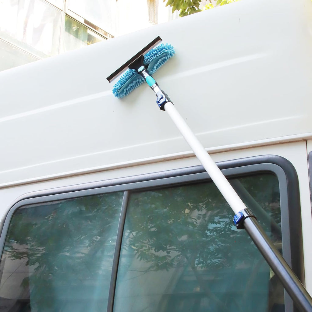 23FT High Reach Window Squeegee & Cobweb Duster with Extension Pole, 2 in 1 Squeegee for Window Cleaning with Lightweight 4-16.5 ft Telescoping Pole, Spider Web Brush with Pole for Outdoor Indoor Car