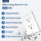 Amico 50 Pack Wall Outlet, 20 Amp Outlets, UL Listed, Tamper Resistant Standard Electrical Outlet, Decorator Receptacle with Wall Plate, Suitable for Home and Business, 125V/1875W, White