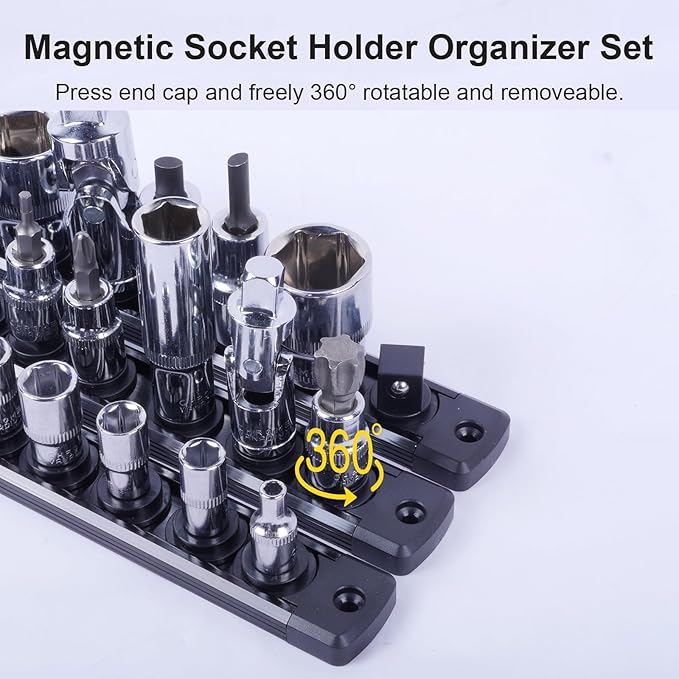 Magnetic Socket Holder Organizer Set:3/8-Inch Drive Socket Trays Socket, 360° Swivel 14 Clips Socket Holder Kit, For Automotive Mechanic Garage (Black)