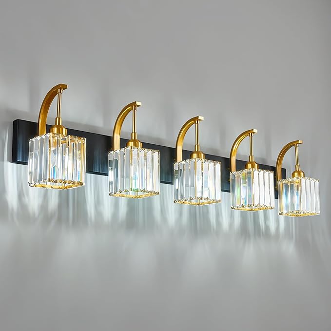 Crystal Vanity Lights 5-Light Black Gold Bathroom Vanity Lights Modern Crystal Bathroom Light Fixtures Over Mirror 42.51" Long Vanity Light for Bathroom