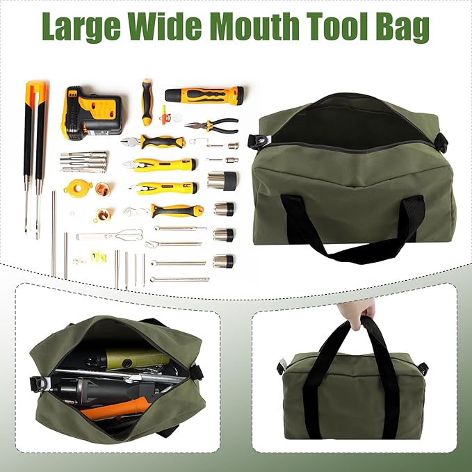 Small Tool Bag,Close Top Wide Mouth Tool Organizer Bag,Large Capacity Tool Bags for Men,Canvas Tool Storage Bag for Storage Handbag for Screwdrivers,Wrench,Pliers Hand Tools (Army Green, 20 Inch)