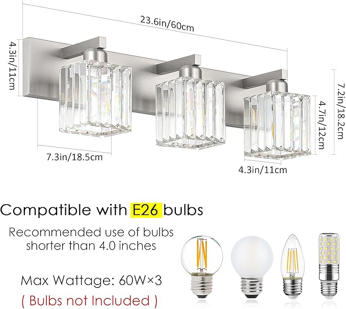 Aipsun Brushed Nickel Vanity Light Bathroom Lighting Fixtures 3 Light Crystal Modern Bathroom Vanity Light (Exclude Bulb)