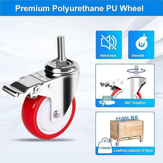 4 inch Stainless Steel Caster Wheels, 1/2"-13x1-1/2 Threaded Stem Casters, TPR Rubber Wheels for Furnitures,Restaurant,Labs,Hospital (4 with Brake, Red PU, 1/2“-13x1-1/2)