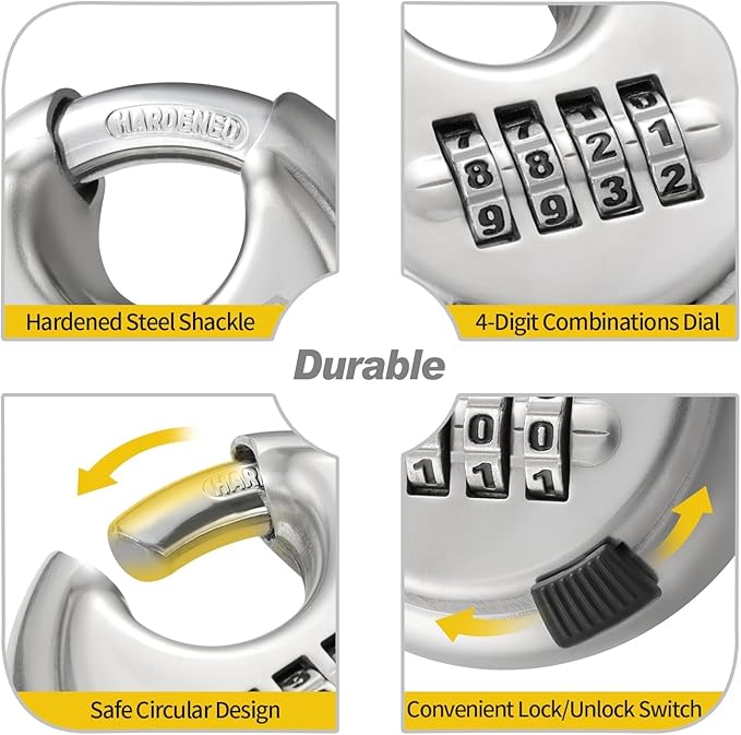 HOX Combination Lock, 4 Digit Disc Padlock with 3/8 Inch Hardened Steel Shackle, 2-3/4 Inch Wide Body, Keyless Heavy Duty Combo Lock for Hasp Latch, Sheds, Fences, Storage Locker (2 Pack)