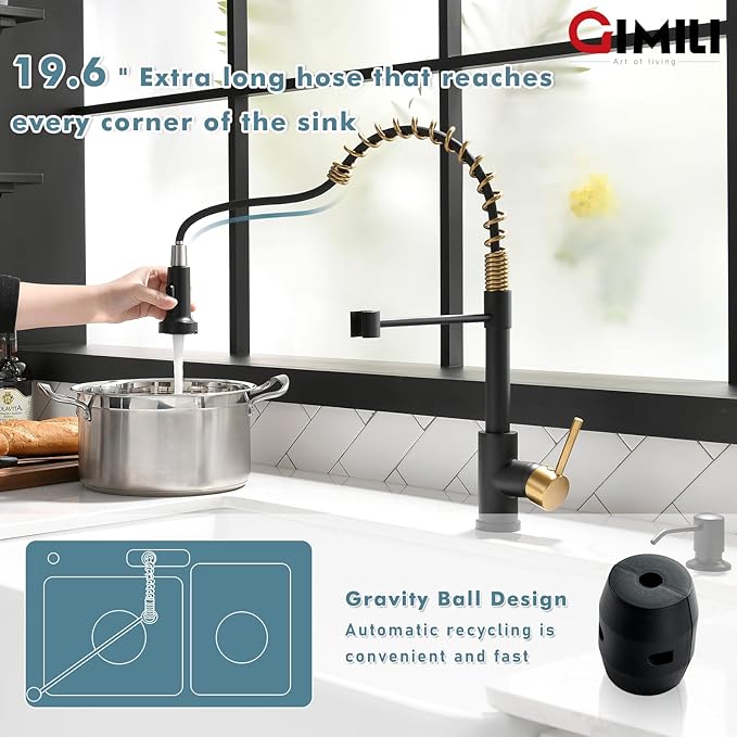 GIMILI Black and Gold Kitchen Faucet with Soap Dispenser Commercial Single Handle Spring Pull Out Kitchen Sink Faucets with Pull Down Sprayer