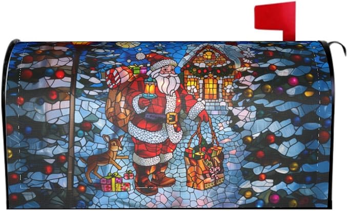 Giwawa Stained Glass Santa Claus Mailbox Covers Christmas Mail Box Cover Magnetic Oversized 25.5 x 21 Holiday Mailbox Xmas Decorations Winter Reindeer Mailbox Wrap