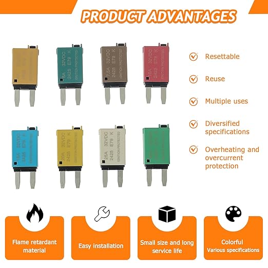 Manual Reset Fuse E73 E79 car ATM Low Profile Mini Blade Style Circuit Breaker T3 5A 6A 7.5A 10A 15A 20A 25A 30A Boat Marine RV Car Truc DC 12V 28 Volts（8 pcs Mixed）