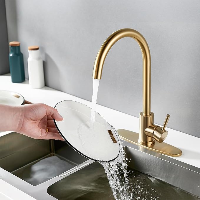 Single Handle High Arc Brushed Gold Kitchen Faucet Stainless Steel Commercial Single Hole Kitchen Sink Faucet, Modern One Hole Bar Sink Faucet with Deck Plate