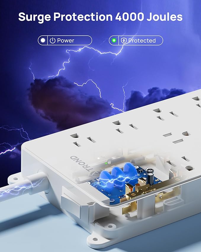 TROND 360° Rotating Flat Plug, Surge Protector Power Strip, 13AC Widely Spaced Outlets Expansion with 3 USB C Ports, 4000J, 15ft Extension Cord Heavy Duty, Wall Mount, Under Desk, ETL Listed, White