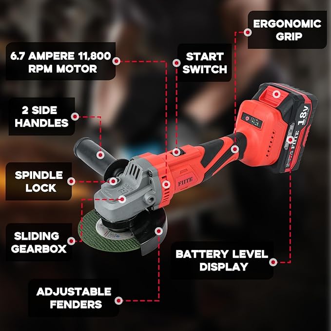 Angle Grinder, Cordless Grinder with 2 × 5.0Ah Batteries, 10000RPM Battery Powered Grinder, 3 Speed Angle Grinder Tool, Cordless Grinder with Battery and Charger for Cutting Shaping Grinding Polishing