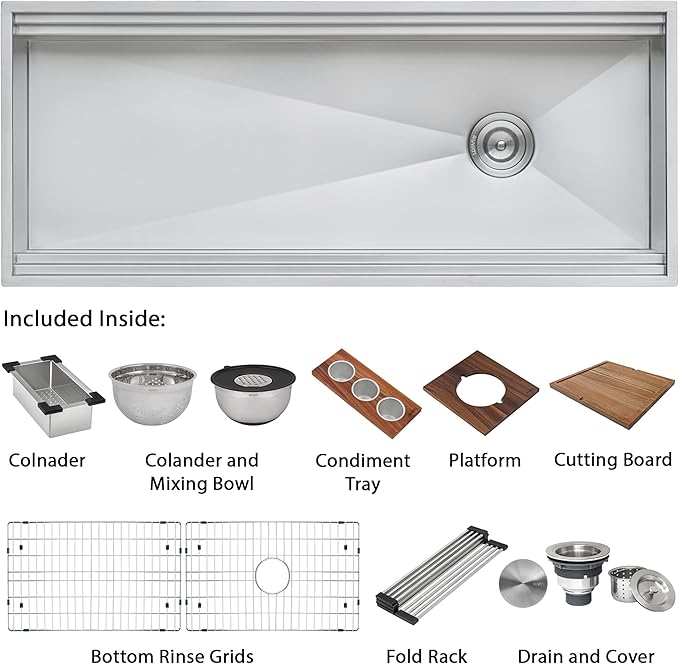 Ruvati 57-inch Undermount Workstation Kitchen Sink – 16 Gauge Stainless Steel Single Bowl with Ledges & Accessories – RVH8555