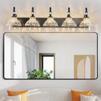 Vintage Bathroom Vanity Light, 5-Light Black Vanity Lighting Fixture with Flower Glass Shade, Bathroom Lighting Fixtures Over Mirror