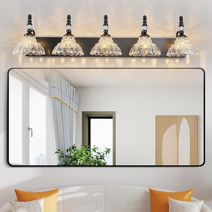 Vintage Bathroom Vanity Light, 5-Light Black Vanity Lighting Fixture with Flower Glass Shade, Bathroom Lighting Fixtures Over Mirror