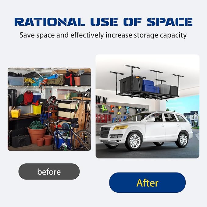 3x8 Overhead Garage Storage Rack Adjustable Garage Ceiling Storage Racks, Holds 600 lbs, 22 lbs Per Hook, Heavy Duty Steel Hanging Organizer for Tools, Bins & Bikes