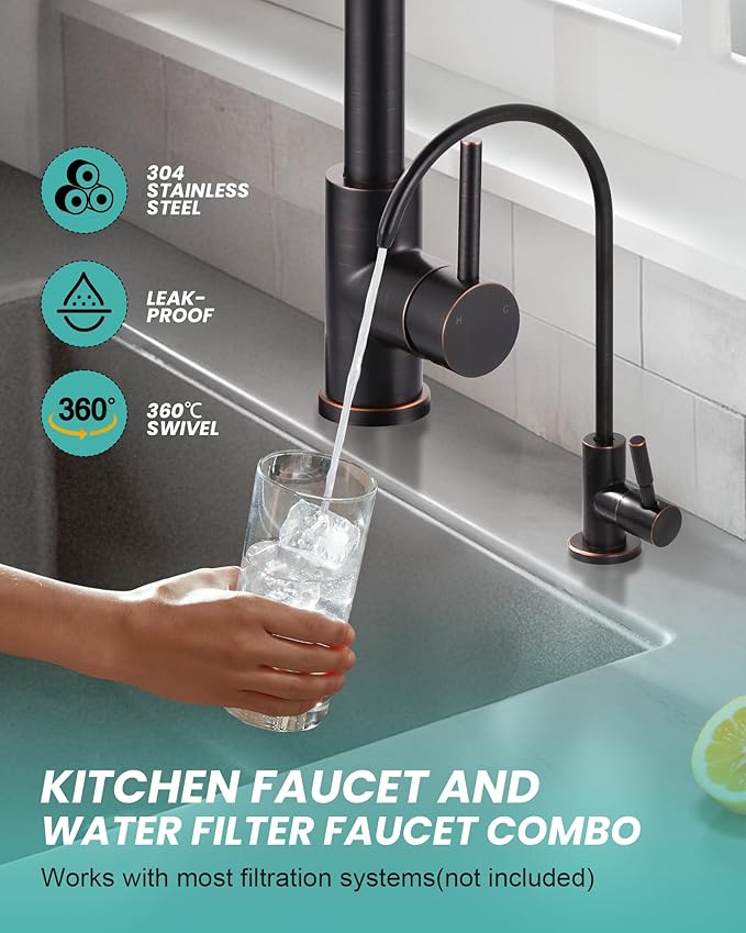 Kitchen Faucet and Water Filter Faucet: Stainless Steel Kitchen Sink Faucet with Drinking Water Faucet - Oil Rubbed Bronze Single Handle Tap with Pull Down Sprayer for Kitchen Sink Farmhouse Bar