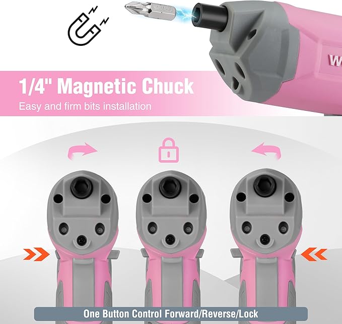 WORKPRO Pink Cordless Screwdriver Set, 3.6V Electric Rechargeable Eccentric Power Screwdriver Kit with 24Pcs Bits, Delay-off LED Light, 2000mAh High-Capacity Battery, Carrying Case Included