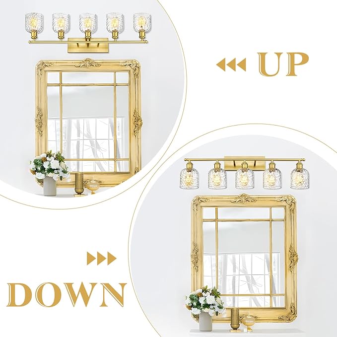 zeyu 34.8'' Gold Bathroom Wall Light, 5 Light Bathroom Vanity Light for Mirror Living Room, Brushed Gold Finish with Clear Hammered Glass, ZJF63B-5W BG