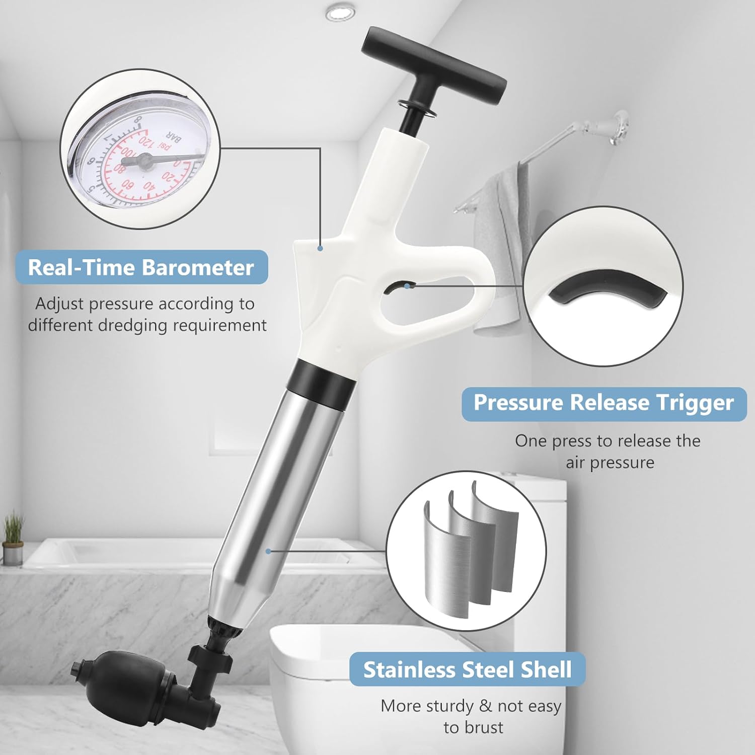 Air Plunger for Drain, High Pressure Air Drain Blaster with Visual Barometer Stainless Steel Toilet Clog Remover Toilet Unclogger Plungers for Bathroom, Toilets, Sink, Kitchen, Clogged Pipe