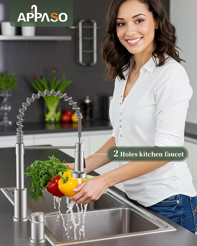 APPASO 2 Hole Kitchen Faucet, Kitchen Faucet with Separate Handle, SUS304 Stainless Steel Two Holes Faucet for Kitchen Sink, Brushed Nickel