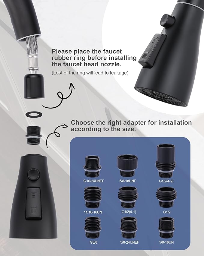 Metal Kitchen Faucet Head Replacement: 3-Function Pull Down Spray Nozzle with 9 Adapters, Sink Sprayer Replacement Compatible with Moen, Delta, American Standard Faucets, Matte Black
