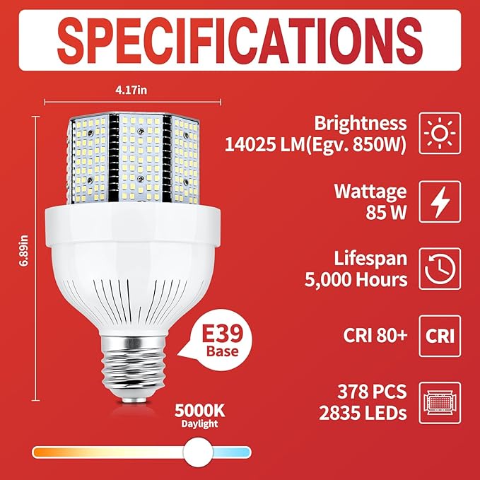 480V LED Corn Light Bulb, 85W E39 Mogul Base, 14025LM (165 LM/W), 5000K Daylight Lamp, Replacement 400W HPS/MH for Indoor Outdoor Garage Warehouse Factory Backyard