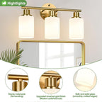 3-Light Bathroom Light Fixtures, Brushed Gold Vanity Light, Farmhouse Wall Lights with Milky White Frosted Glass Shades, Bathroom Wall Lamp for Mirror Kitchen Bedroom Hallway Living Room