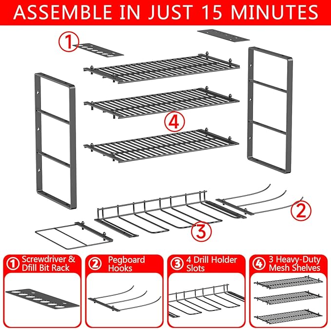 Heavy Duty Drill Holder & Power Tool Organizer Wall Mount, Metal Cordless Tool Organizer for Cordless Drill, Accessory Holder Rack (4 TIER 4 DRILL HOLDER, Without Charging Station)