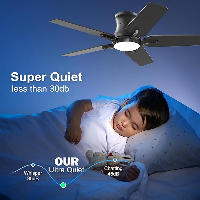 42 Inch Black Ceiling Fans with Lights and Remote, Flush Mount Low Profile Ceiling Fan for Bedroom, Living Room, Patio, Dimmable 6 Speeds Noiseless Reversible, ETL Listed
